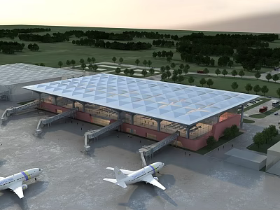 Aerial Planning of Airport Terminal Building With Geometric Roof Airplanes and Green Surroundings 3d model