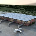 Aerial Planning of Airport Terminal Building With Geometric Roof Airplanes and Green Surroundings