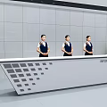 Modern Information Reception Desk With Staff And Green Plants In Tile Wall Setting