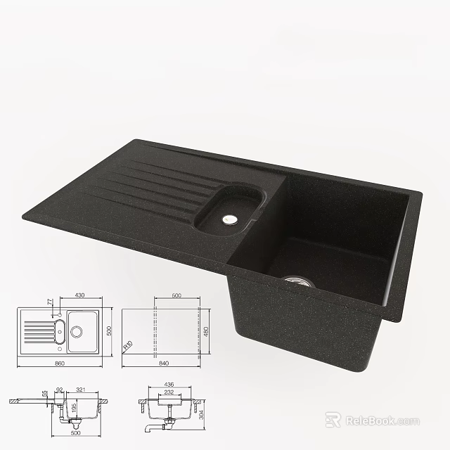Modern Black Kitchen Sink with Technical Drawing and Dimension Details 3d model