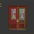 Red Traditional Wooden Double Door With Intricate Lattice Patterns And Worn Details