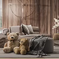 Modern Living Dining Room Interior With Wooden Wall Circular Pendant Light And Stuffed Teddy Bears