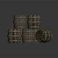 Industrial Equipment Stacked Wooden Barrels With Metal Hoops For Industrial Storage