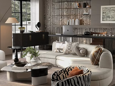 Modern Living Room Interior Design With White Sofa Patterned Pillows Coffee Tables And Potted Plant 3d model