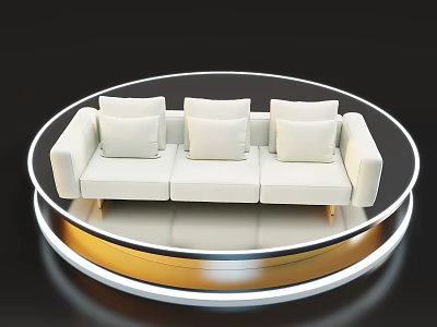 White Multi Seat Sofa Featuring Three Cushions On Circular Platform With Golden Lighting 3d model