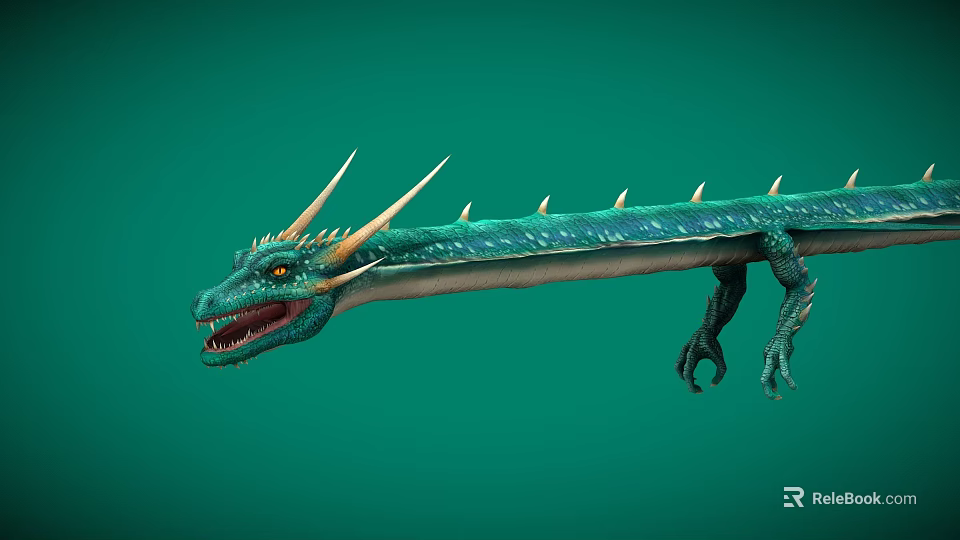 Green Scaly Dragon With Spiked Back Open Mouth And Yellow Eyes On Green Background 3d model 