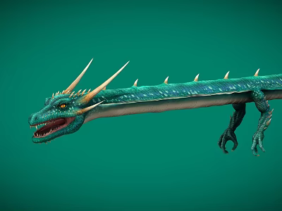 Green Scaly Dragon With Spiked Back Open Mouth And Yellow Eyes On Green Background 3d model