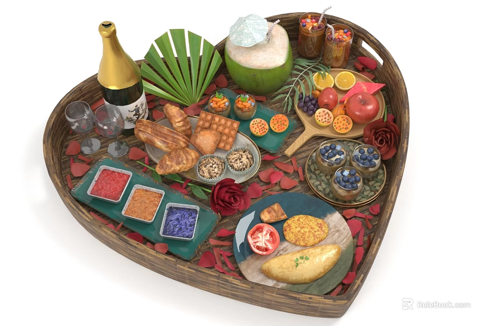 Assorted Foods on Heart Shaped Tray with Champagne Coconut Fruits Sauces and Roses 3d model 