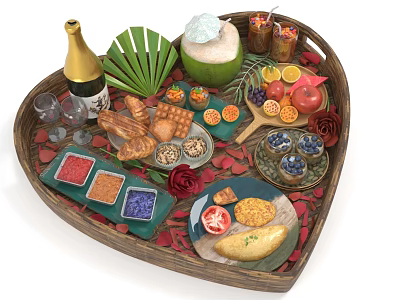 Assorted Foods on Heart Shaped Tray with Champagne Coconut Fruits Sauces and Roses 3d model
