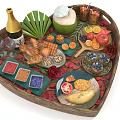 Assorted Foods on Heart Shaped Tray with Champagne Coconut Fruits Sauces and Roses