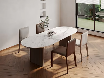 Modern Oval Marble Top Dining Table Set with Gray Brown Chairs on Wooden Floor 3d model