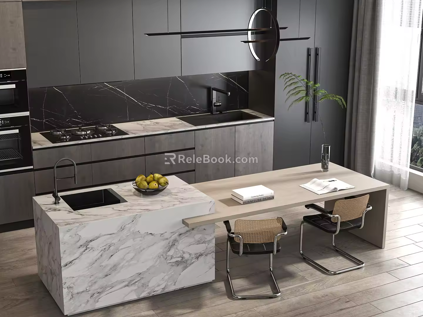 Open kitchen table and chair combination cabinet bar stool 3d model