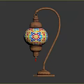 Traditional Copper Curved Stand Table Lamp With Colorful Mosaic Globe Shade And Hexagonal Base