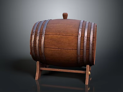 Traditional Wooden Barrel With Metal Hoops On Sturdy Wooden Stand 3d model