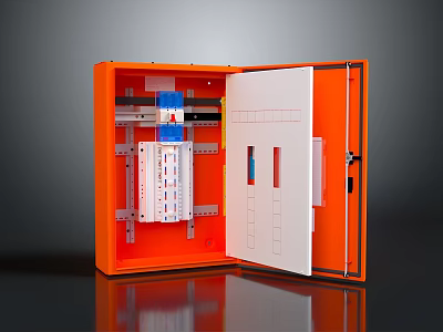 Orange Electrical Distribution Box With Open Door Showing Internal Circuit Breakers And Wiring 3d model