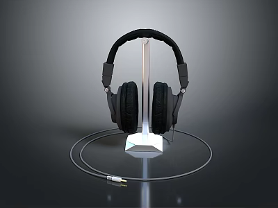 Modern Over Ear Computer Headphones On Stylish Stand With Connected Cable 3d model