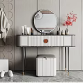 Modern Dressing Table with Round Mirror Cosmetics Red Flowers in Vase and Stool 3d model