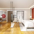 Modern Hotel Room Interior With Red Walls White Headboard Decorative Painting And River View Windows