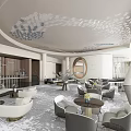 Modern Lounge Area Interior with Elegant Ceiling Design Comfortable Sofas and Round Tables 3d model