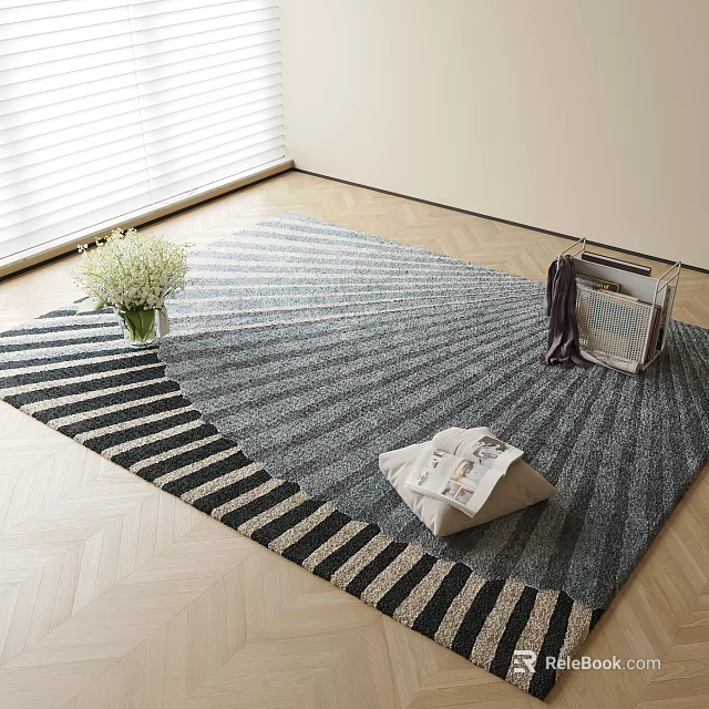 Square Blue Gray Striped Rug on Wooden Floor with White Bouquet Vase and Folded Newspaper 3d model 