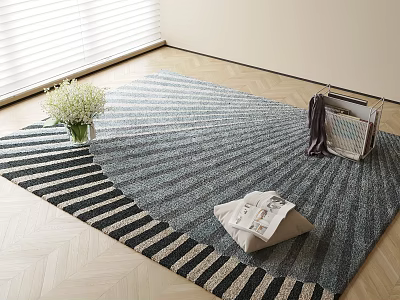 Square Blue Gray Striped Rug on Wooden Floor with White Bouquet Vase and Folded Newspaper 3d model