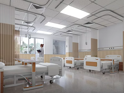 Bright Hospital Outpatient Ward Interior With Medical Beds Staff And Windows 3d model