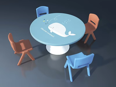 Kids Round Table with Underwater World Whale Design and Colorful Chairs 3d model