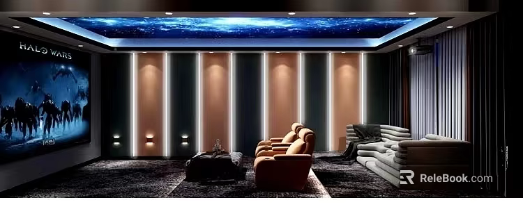 Home Theater With Starry Ceiling Illuminated Walls And Seating 3d model 