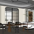 Modern Restaurant Interior With Circular Ceiling Light Arched Windows Potted Plants And Marble Dining Elements