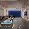 KTV Interior With Black Sofas Drinks Snacks Glass Tables Blue Accent Wall TV Screens Modern Lighting