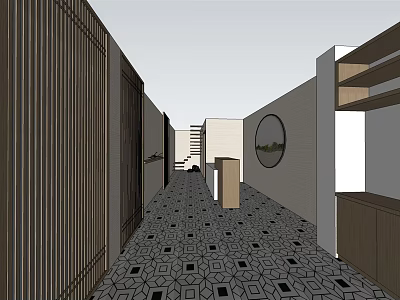 Stylish Beauty Salon Interior With Geometric Floor Tiles Wooden Partitions And Round Mirror 3d model