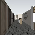 Stylish Beauty Salon Interior With Geometric Floor Tiles Wooden Partitions And Round Mirror