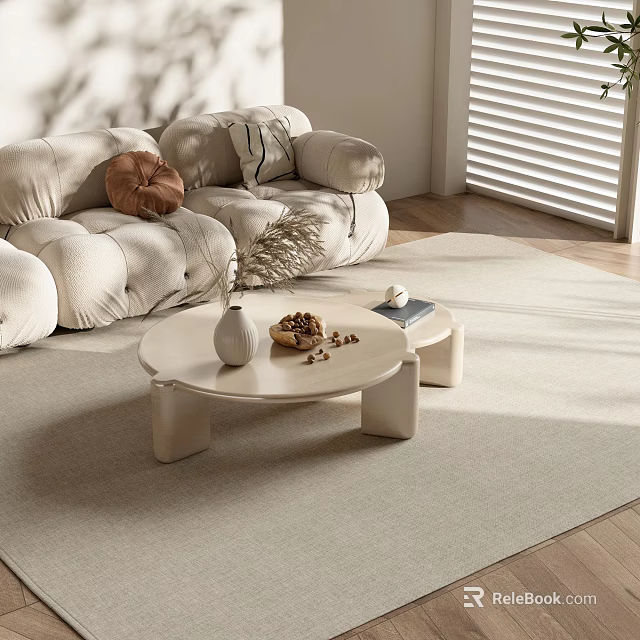 Modern Living Room Featuring Round Beige Coffee Table With Vase Nuts Book And Sofa 3d model 