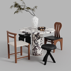 Quiet Style Dining Table and Chair Combination Ancient Style Dining Table and Chair Vase Floral Ornaments 3d model