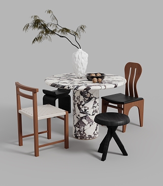 Quiet Style Dining Table and Chair Combination Ancient Style Dining Table and Chair Vase Floral Ornaments 3d model