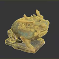 Iridescent Mythical Toad Statue With Dragon Horns Scales Coin Motifs And Stone Base