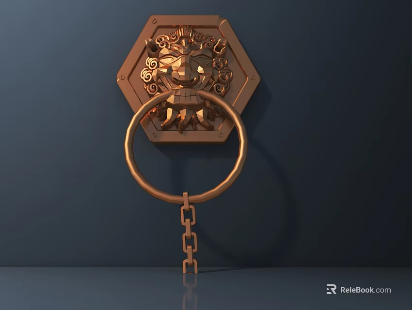 Brass Door Knocker With Hexagonal Base Lion Head Carving And Chain 3d model 