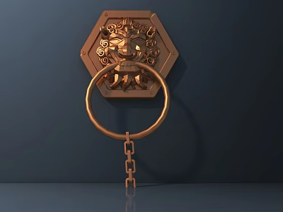 Brass Door Knocker With Hexagonal Base Lion Head Carving And Chain 3d model