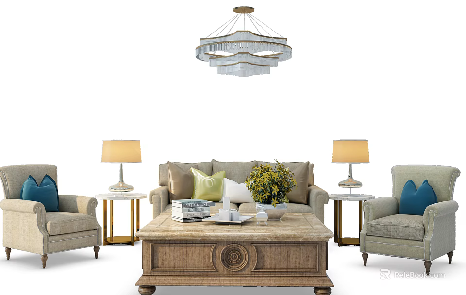 Elegant Sofa Coffee Table Set With Armchairs Table Lamps Throw Pillows And Green Plants 3d model