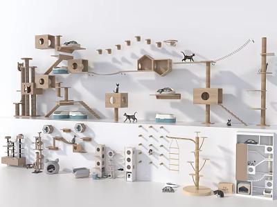 Wooden Multi Level Cat Toys With Cat Tree Condo Scratching Posts And Hanging Bridge 3d model