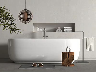 Freestanding White Bathtub With Wooden Stool Bath Products Wall Niche Towels And Green Plant 3d model