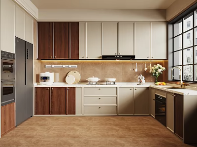 Modern Kitchen Interior With Light And Dark Wood Cabinets Countertop Appliances Natural Light From Window 3d model