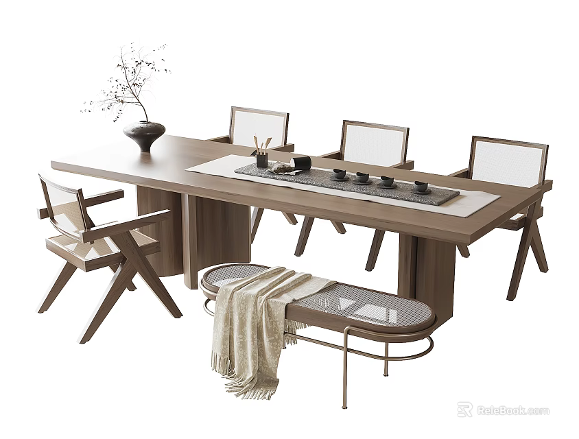 Minimalist Wooden Tea Table And Chairs With Tea Set Tray And Decorative Stool 3d model 