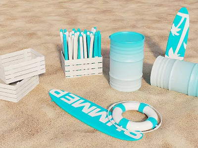 Beach Gear With Lifeguard Sign Surfboard Lifesaver Ring White Basket Wooden Crates Barrels 3d model