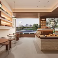 Modern Dessert Shop Interior With Wooden Shelves Marble Counter Displayed Pastries And Green Plant