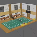 Indoor Sports Fitness Badminton Court Featuring Green Surface White Net Benches And Wooden Flooring
