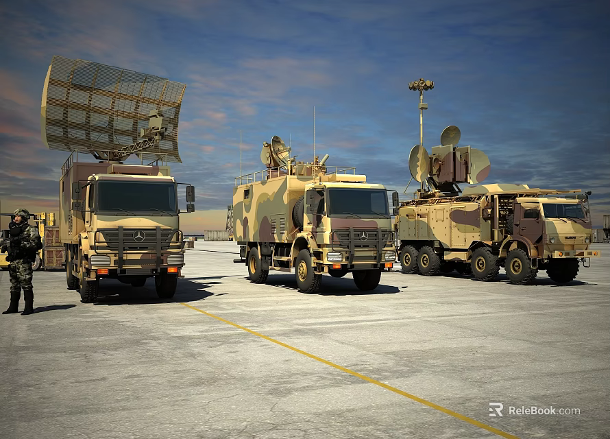 Military Functional Vehicles With Large Radar Antennas Parked On Open Ground With Soldiers Standing Nearby 3d model 