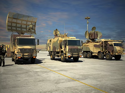 Military Functional Vehicles With Large Radar Antennas Parked On Open Ground With Soldiers Standing Nearby 3d model