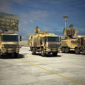 Military Functional Vehicles With Large Radar Antennas Parked On Open Ground With Soldiers Standing Nearby