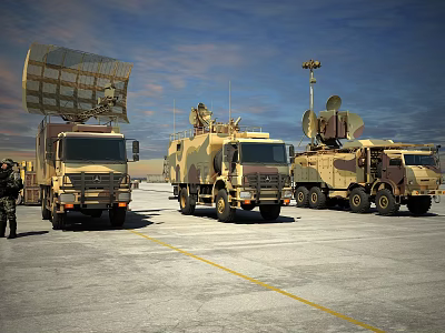 Military Functional Vehicles With Large Radar Antennas Parked On Open Ground With Soldiers Standing Nearby 3d model